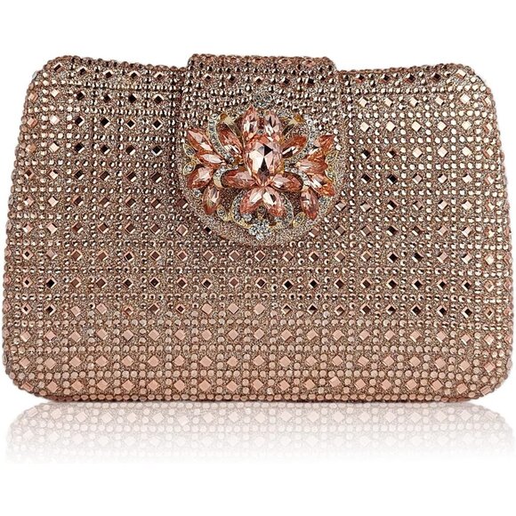 Women's Tan Sparkly Rhinestone Unique Evening Floral Clutch Shoulder Handbag - Picture 1 of 6